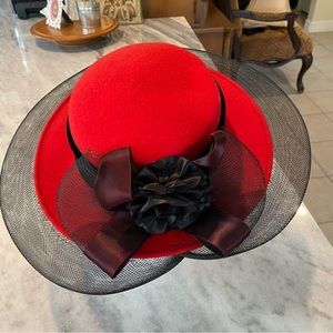 Milan by Charm Floral Mesh Hat Woolen Retro Dress Hat Red Black Mesh Hat